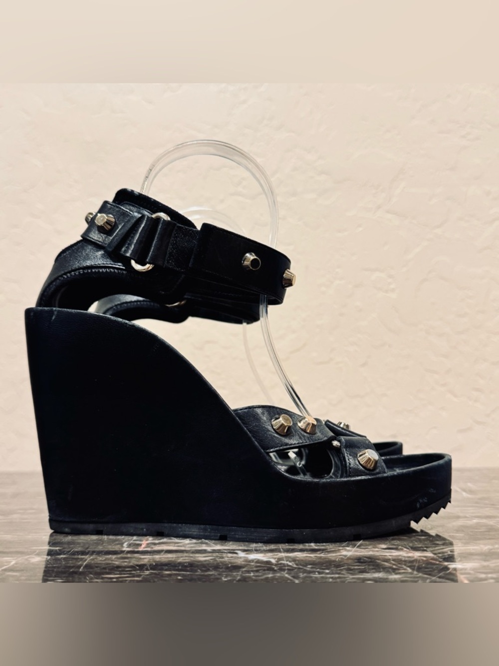 Balenciaga Black Leather Studded Wedge Sandals - Picture 11 of 16